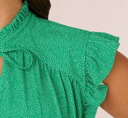 Adrianna Papell Tops & Blouses*Printed Flutter Sleeve Top With Tie Neck In Emerald Ivory Micro Dot