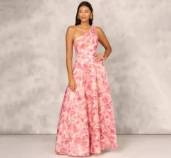 Adrianna Papell Wedding Guest Dresses|Formal Dresses*Printed Jacquard One Shoulder Ball Gown With Pleat Details In Red Multi