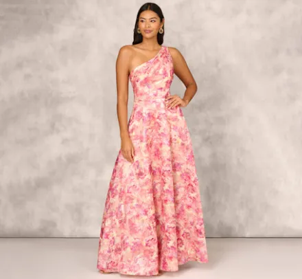 Adrianna Papell Wedding Guest Dresses|Formal Dresses*Printed Jacquard One Shoulder Ball Gown With Pleat Details In Red Multi