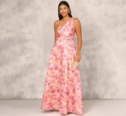 Adrianna Papell Wedding Guest Dresses|Formal Dresses*Printed Jacquard One Shoulder Ball Gown With Pleat Details In Red Multi