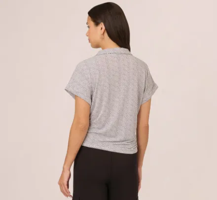 Adrianna Papell Tops & Blouses*Printed Short Sleeve Collared Top With Tie Front In Ivory Arrow Geo