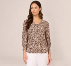 Adrianna Papell Tops & Blouses|Co-Ord Sets*Printed V Neck Top With Cuffed Three Quarter Sleeves In Tan Shadow Leopard