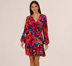 Adrianna Papell Wedding Guest Dresses|Day Dresses*Retro Floral Print Shirred Dress With Long Bishop Sleeves In Berry Multi
