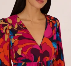 Adrianna Papell Wedding Guest Dresses|Day Dresses*Retro Floral Print Shirred Dress With Long Bishop Sleeves In Berry Multi