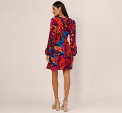Adrianna Papell Wedding Guest Dresses|Day Dresses*Retro Floral Print Shirred Dress With Long Bishop Sleeves In Berry Multi