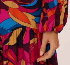 Adrianna Papell Wedding Guest Dresses|Day Dresses*Retro Floral Print Shirred Dress With Long Bishop Sleeves In Berry Multi