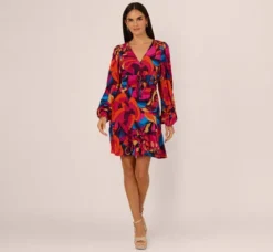 Adrianna Papell Wedding Guest Dresses|Day Dresses*Retro Floral Print Shirred Dress With Long Bishop Sleeves In Berry Multi
