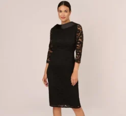 Adrianna Papell Wedding Guest Dresses|Day Dresses*Roll Neck Lace Dress With Sheer Elbow Sleeves In