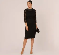 Adrianna Papell Wedding Guest Dresses|Day Dresses*Roll Neck Lace Dress With Sheer Elbow Sleeves In