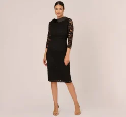 Adrianna Papell Wedding Guest Dresses|Day Dresses*Roll Neck Lace Dress With Sheer Elbow Sleeves In