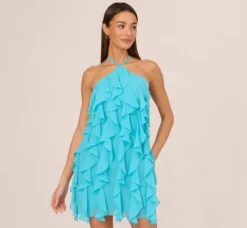 Adrianna Papell Wedding Guest Dresses*Ruffle Chiffon Halter Dress With Pockets In Azure Blue
