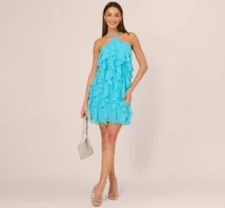 Adrianna Papell Wedding Guest Dresses*Ruffle Chiffon Halter Dress With Pockets In Azure Blue