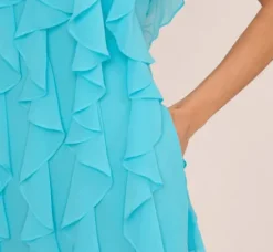 Adrianna Papell Wedding Guest Dresses*Ruffle Chiffon Halter Dress With Pockets In Azure Blue