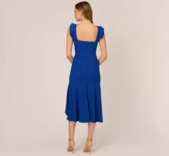 Adrianna Papell Wedding Guest Dresses|Petite-Friendly*Ruffled Satin Crepe Midi-Length High/Low Cocktail Mermaid Dress In Violet Cobalt