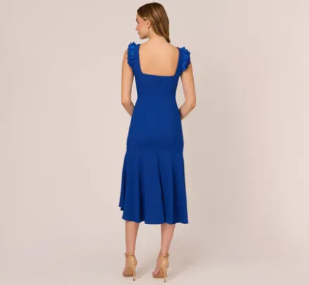 Adrianna Papell Wedding Guest Dresses|Petite-Friendly*Ruffled Satin Crepe Midi-Length High/Low Cocktail Mermaid Dress In Violet Cobalt
