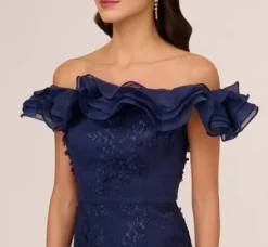 Adrianna Papell Wedding Guest Dresses|Formal Dresses*Ruffle Off The Shoulder Floral Lace Gown In Light Navy