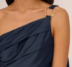 Adrianna Papell Wedding Guest Dresses|Formal Dresses*Satin Crepe One Shoulder Gown With Metal Ring Accent In Dark Navy