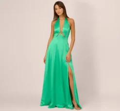 Adrianna Papell Wedding Guest Dresses|Formal Dresses*Satin Halter Gown With Cutout Bodice And Metal Accent In