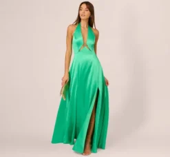 Adrianna Papell Wedding Guest Dresses|Formal Dresses*Satin Halter Gown With Cutout Bodice And Metal Accent In