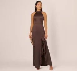 Adrianna Papell Wedding Guest Dresses|Formal Dresses*Satin Halter Mermaid Gown With Ruffle Trim In Dark Brown