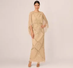 Adrianna Papell Wedding Guest Dresses|Formal Dresses*Scallop Beaded Cape Column Gown In