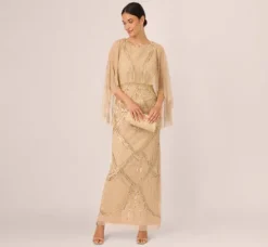 Adrianna Papell Wedding Guest Dresses|Formal Dresses*Scallop Beaded Cape Column Gown In