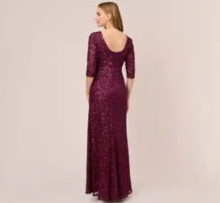 Adrianna Papell Wedding Guest Dresses|Formal Dresses*Scoop Back Sequin Gown With Three Quarter Sleeves In