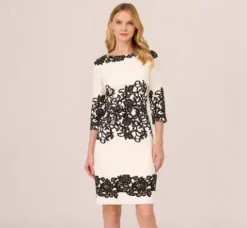 Adrianna Papell Day Dresses|Little White Dresses*Scroll Lace Midi Dress With Three Quarter Sleeves In Ivory Black