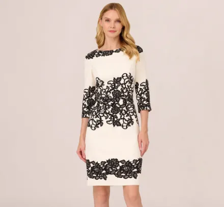 Adrianna Papell Day Dresses|Little White Dresses*Scroll Lace Midi Dress With Three Quarter Sleeves In Ivory Black