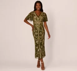 Adrianna Papell Wedding Guest Dresses|Grandmother Of The Bride & Groom*Sequin Beaded Ankle Length Dress With Flutter Sleeves In
