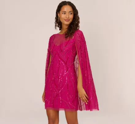 Adrianna Papell Wedding Guest Dresses*Sequin Beaded Cape Dress With Illusion Neckline In Hot Orchid
