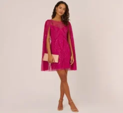 Adrianna Papell Wedding Guest Dresses*Sequin Beaded Cape Dress With Illusion Neckline In Hot Orchid