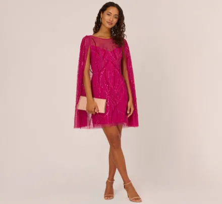 Adrianna Papell Wedding Guest Dresses*Sequin Beaded Cape Dress With Illusion Neckline In Hot Orchid