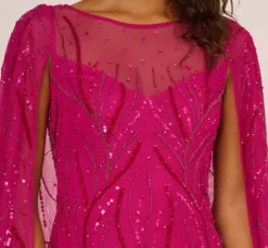 Adrianna Papell Wedding Guest Dresses*Sequin Beaded Cape Dress With Illusion Neckline In Hot Orchid