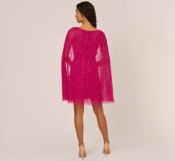 Adrianna Papell Wedding Guest Dresses*Sequin Beaded Cape Dress With Illusion Neckline In Hot Orchid