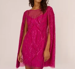 Adrianna Papell Wedding Guest Dresses*Sequin Beaded Cape Dress With Illusion Neckline In Hot Orchid