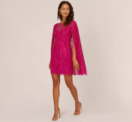 Adrianna Papell Wedding Guest Dresses*Sequin Beaded Cape Dress With Illusion Neckline In Hot Orchid