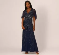 Adrianna Papell Wedding Guest Dresses|Formal Dresses*Sequin Beaded Gown With Sheer Cape Sleeves In Light Navy