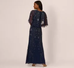 Adrianna Papell Wedding Guest Dresses|Formal Dresses*Sequin Beaded Gown With Sheer Cape Sleeves In Light Navy