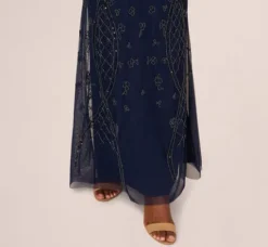 Adrianna Papell Wedding Guest Dresses|Formal Dresses*Sequin Beaded Gown With Sheer Cape Sleeves In Light Navy