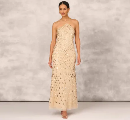 Adrianna Papell Wedding Guest Dresses|Formal Dresses*Sequin Beaded Mermaid Gown With Halter Neckline In