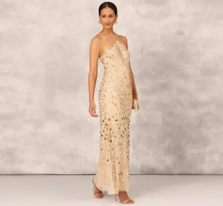 Adrianna Papell Wedding Guest Dresses|Formal Dresses*Sequin Beaded Mermaid Gown With Halter Neckline In