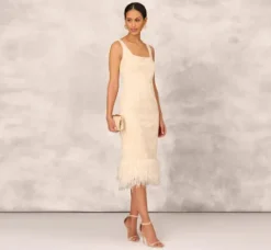 Adrianna Papell Wedding Guest Dresses|Petite-Friendly*Sequined And Embroidered Midi-Length Sheath Cocktail Dress With Feather Trim In