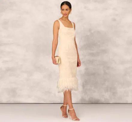Adrianna Papell Wedding Guest Dresses|Petite-Friendly*Sequined And Embroidered Midi-Length Sheath Cocktail Dress With Feather Trim In