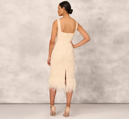 Adrianna Papell Wedding Guest Dresses|Petite-Friendly*Sequined And Embroidered Midi-Length Sheath Cocktail Dress With Feather Trim In