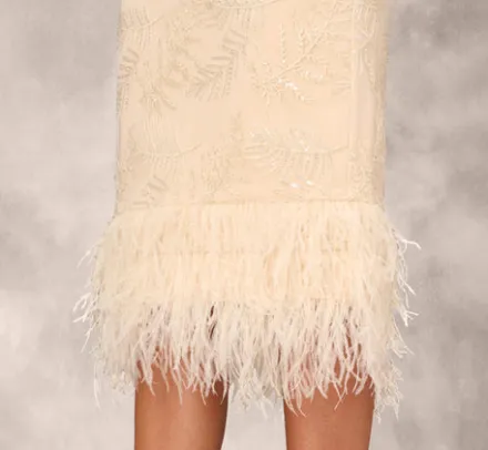 Adrianna Papell Wedding Guest Dresses|Petite-Friendly*Sequined And Embroidered Midi-Length Sheath Cocktail Dress With Feather Trim In
