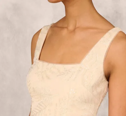 Adrianna Papell Wedding Guest Dresses|Petite-Friendly*Sequined And Embroidered Midi-Length Sheath Cocktail Dress With Feather Trim In