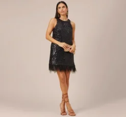 Adrianna Papell Wedding Guest Dresses*Sequined Trapeze Halter Dress With Feather Trim In