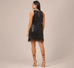 Adrianna Papell Wedding Guest Dresses*Sequined Trapeze Halter Dress With Feather Trim In