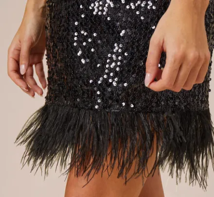 Adrianna Papell Wedding Guest Dresses*Sequined Trapeze Halter Dress With Feather Trim In